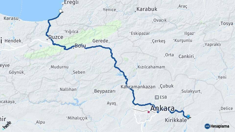 Kırıkkale Alaplı Zonguldak Arası Kaç Km - Yol Haritası