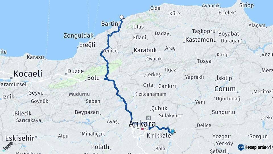 Kırıkkale Amasra Bartın Arası Kaç Km - Yol Haritası
