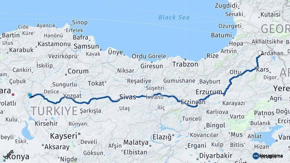 Kırıkkale Ardahan Arası Kaç Km - Yol Haritası