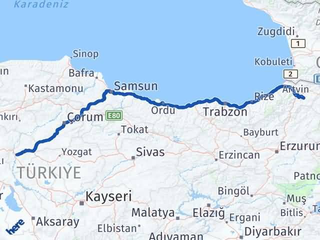 Kırıkkale Ardanuç Artvin Arası Kaç Km - Yol Haritası