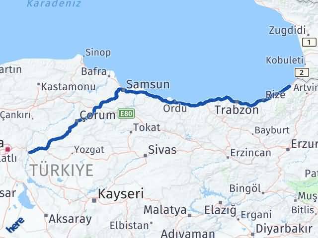 Kırıkkale Arhavi Artvin Arası Kaç Km - Yol Haritası