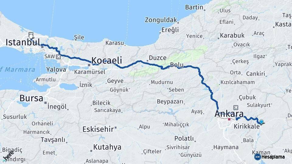 Kırıkkale Arnavutköy İstanbul Arası Kaç Km - Yol Haritası