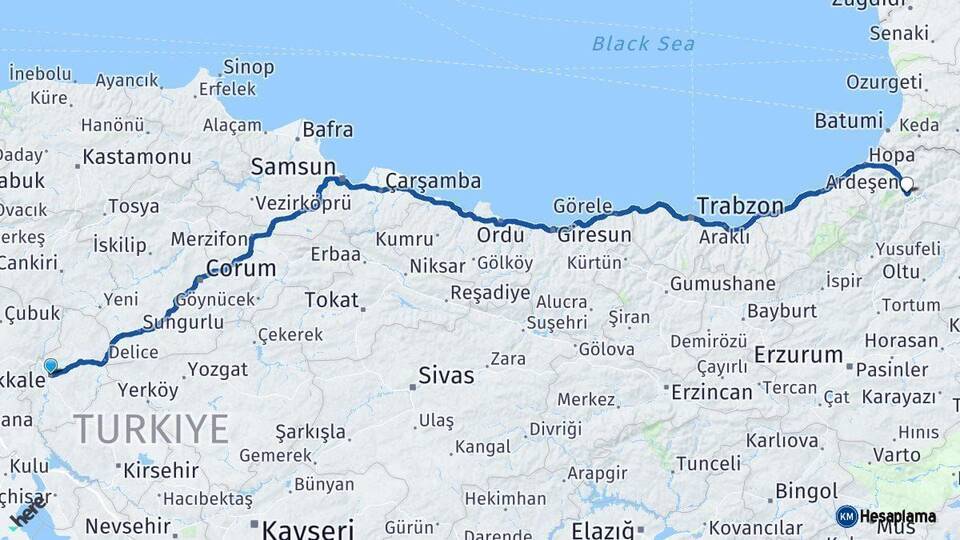 Kırıkkale Artvin Arası Kaç Km - Yol Haritası