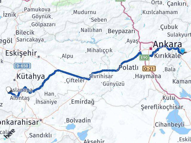 Kırıkkale Aslanapa Kütahya Arası Kaç Km - Yol Haritası