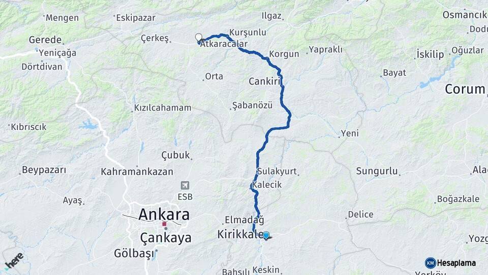 Kırıkkale Atkaracalar Çankırı Arası Kaç Km - Yol Haritası