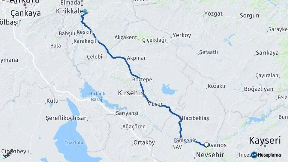 Kırıkkale Avanos Nevşehir Arası Kaç Km - Yol Haritası