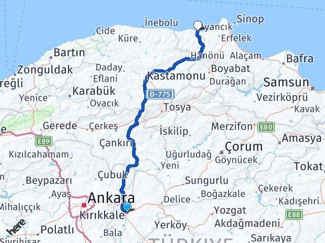 Kırıkkale Ayancık Sinop Arası Kaç Km - Yol Haritası
