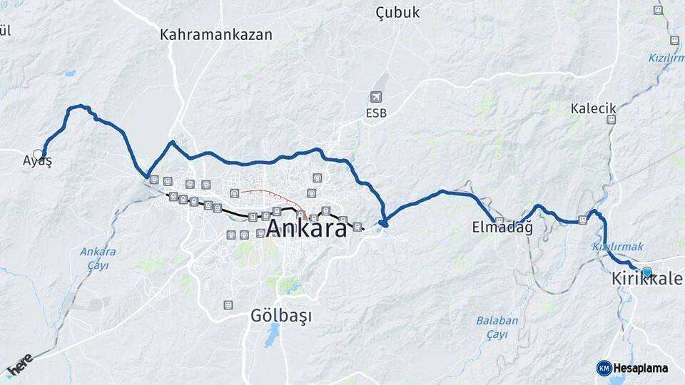 Kırıkkale Ayaş Ankara Arası Kaç Km - Yol Haritası