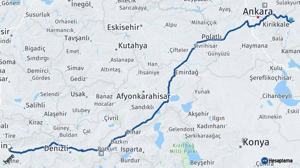 Kırıkkale Aydın Arası Kaç Km - Yol Haritası