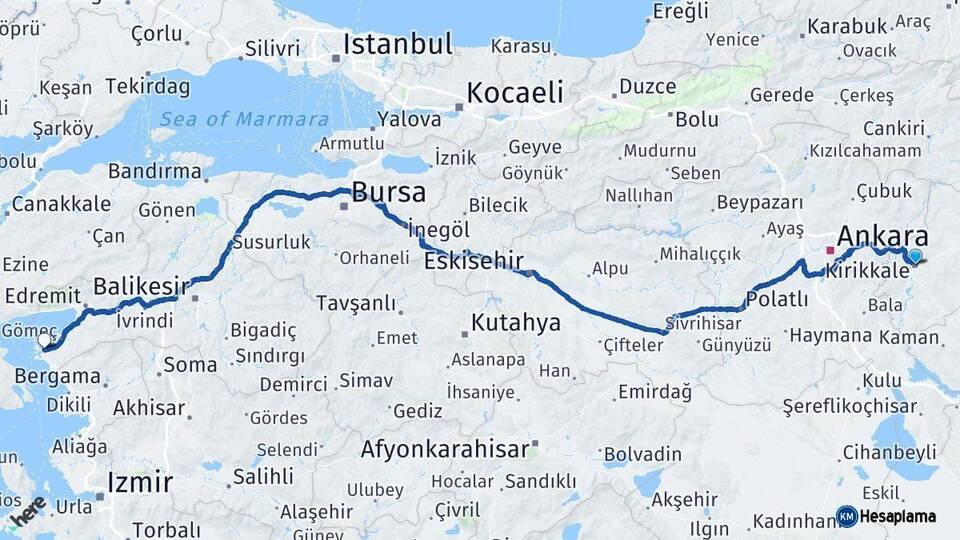 Kırıkkale Ayvalık Balıkesir Arası Kaç Km - Yol Haritası