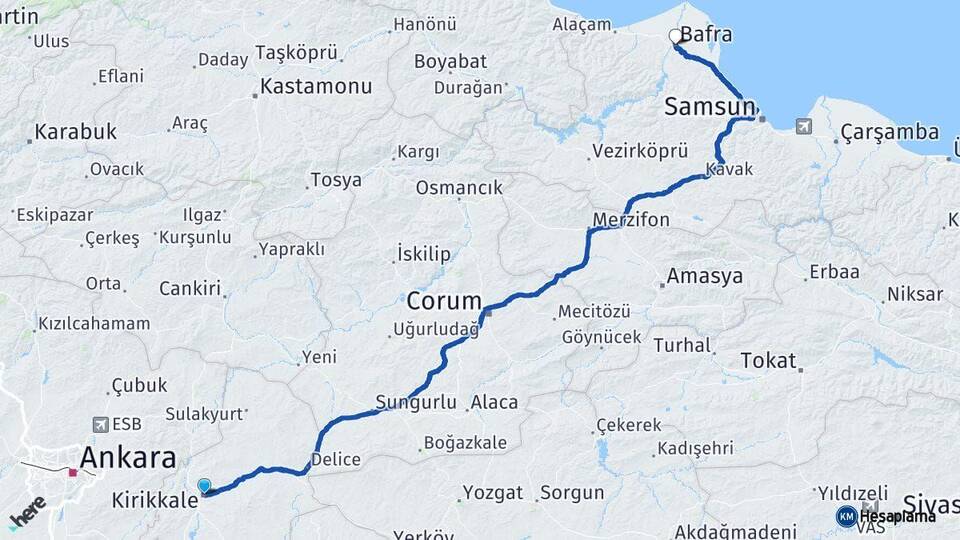 Kırıkkale Bafra Samsun Arası Kaç Km - Yol Haritası