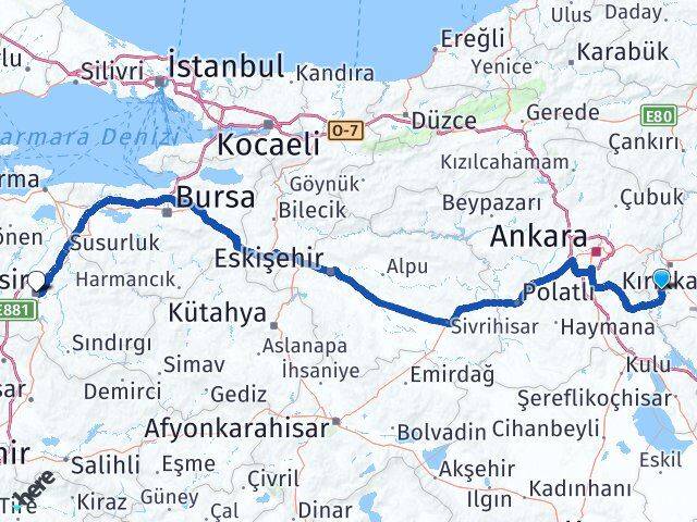 Kırıkkale Bahşili Balıkesir Arası Kaç Km - Yol Haritası