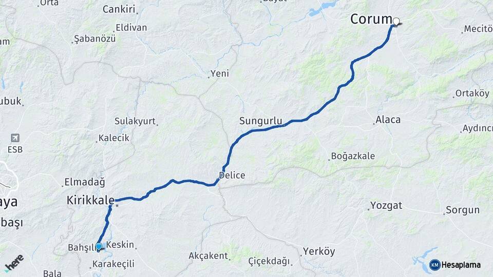 Kırıkkale Bahşili Çorum Arası Kaç Km - Yol Haritası