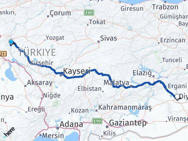 Kırıkkale Bahşili Diyarbakır Arası Kaç Km - Yol Haritası