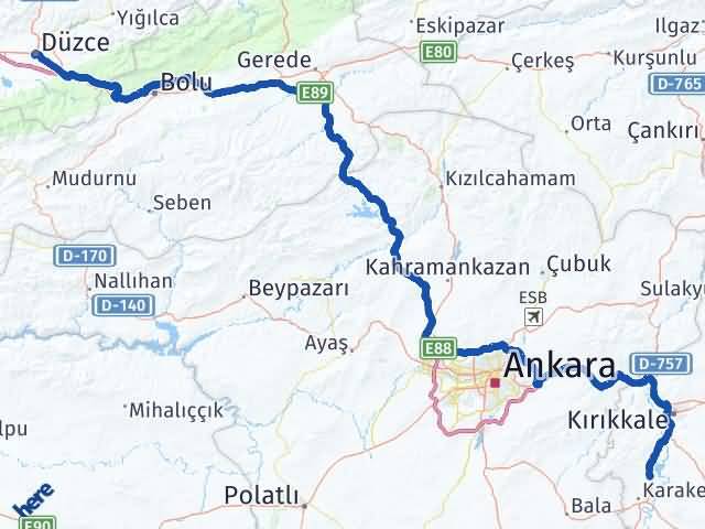 Kırıkkale Bahşili Düzce Arası Kaç Km - Yol Haritası