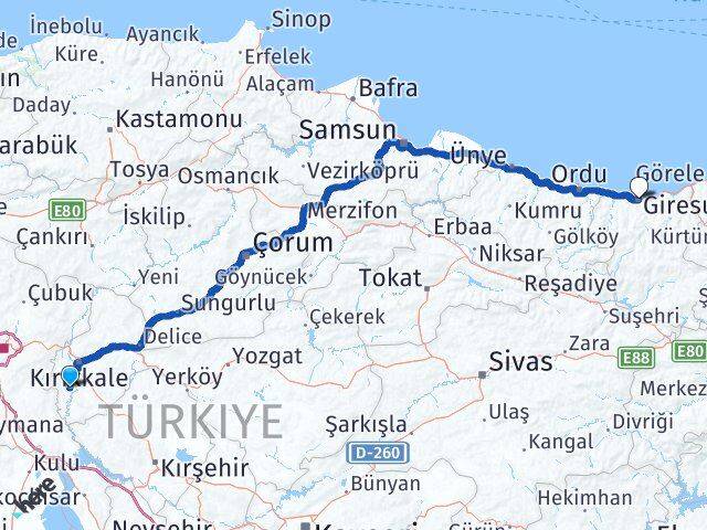 Kırıkkale Bahşili Giresun Arası Kaç Km - Yol Haritası
