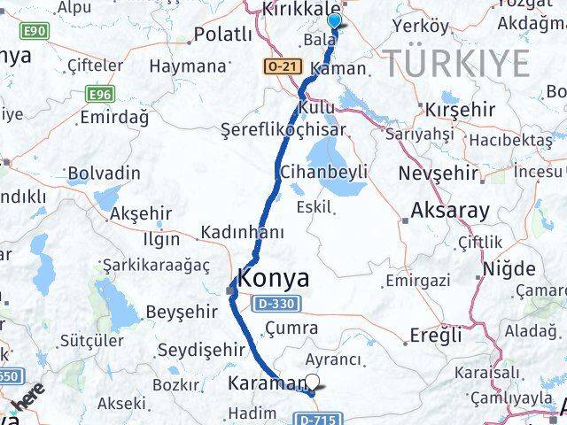 Kırıkkale Bahşili Karaman Arası Kaç Km - Yol Haritası