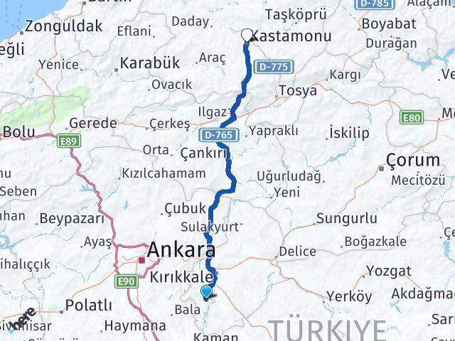 Kırıkkale Bahşili Kastamonu Arası Kaç Km - Yol Haritası