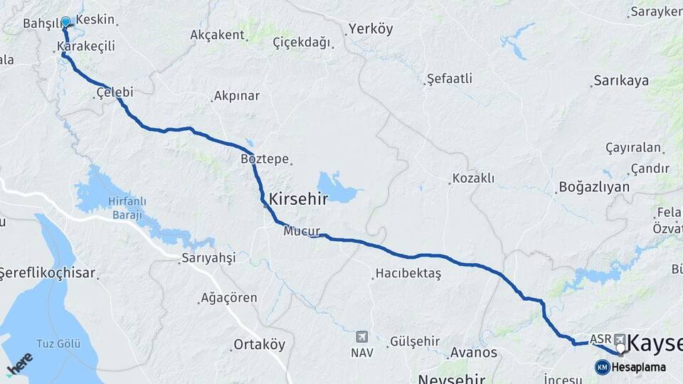 Kırıkkale Bahşili Kayseri Arası Kaç Km - Yol Haritası