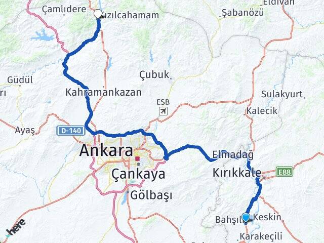 Kırıkkale Bahşili Kızılcahamam Ankara Arası Kaç Km - Yol Haritası