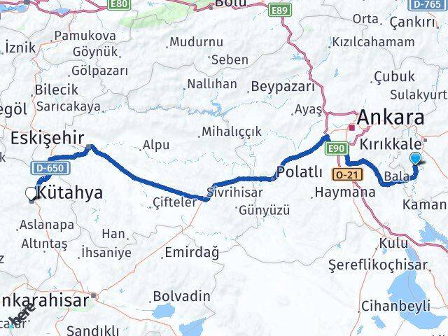 Kırıkkale Bahşili Kütahya Arası Kaç Km - Yol Haritası