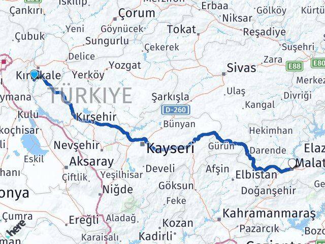Kırıkkale Bahşili Malatya Arası Kaç Km - Yol Haritası