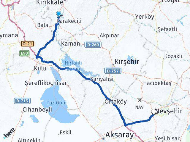 Kırıkkale Bahşili Nevşehir Arası Kaç Km - Yol Haritası