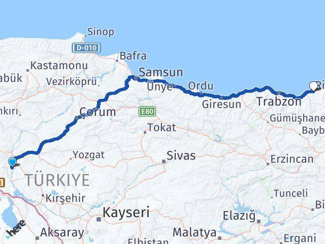 Kırıkkale Bahşili Rize Arası Kaç Km - Yol Haritası