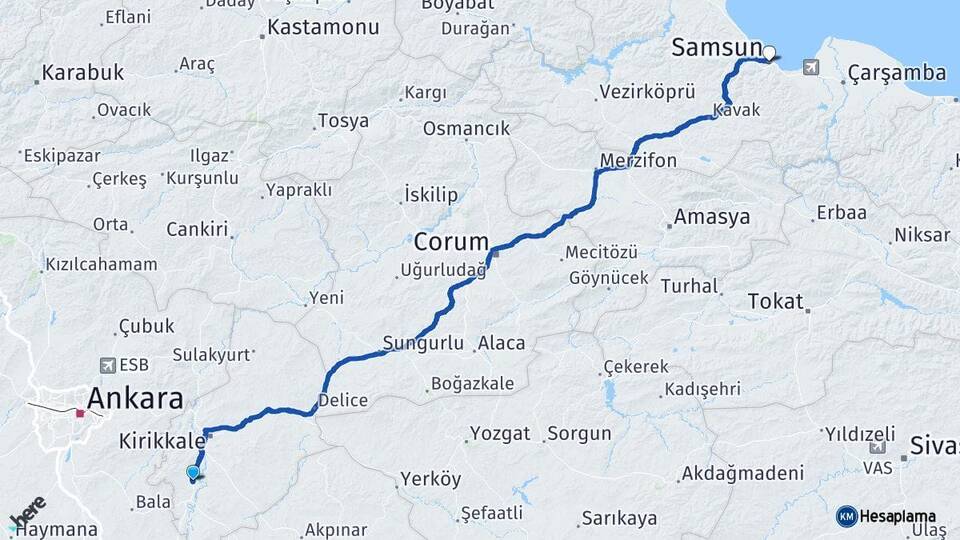 Kırıkkale Bahşili Samsun Arası Kaç Km - Yol Haritası