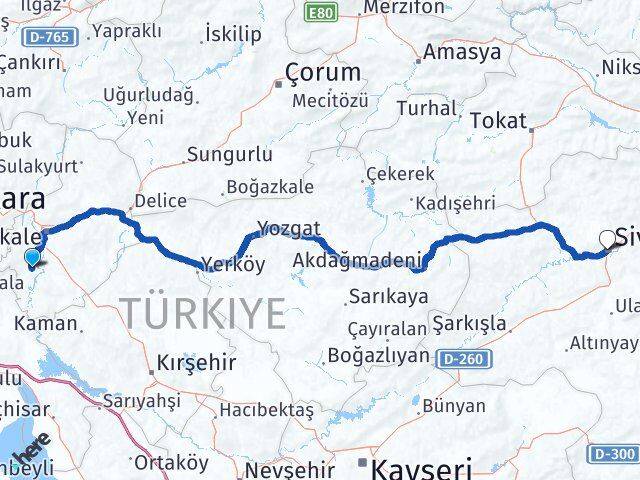 Kırıkkale Bahşili Sivas Arası Kaç Km - Yol Haritası