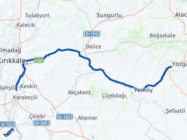 Kırıkkale Bahşili Yozgat Arası Kaç Km - Yol Haritası