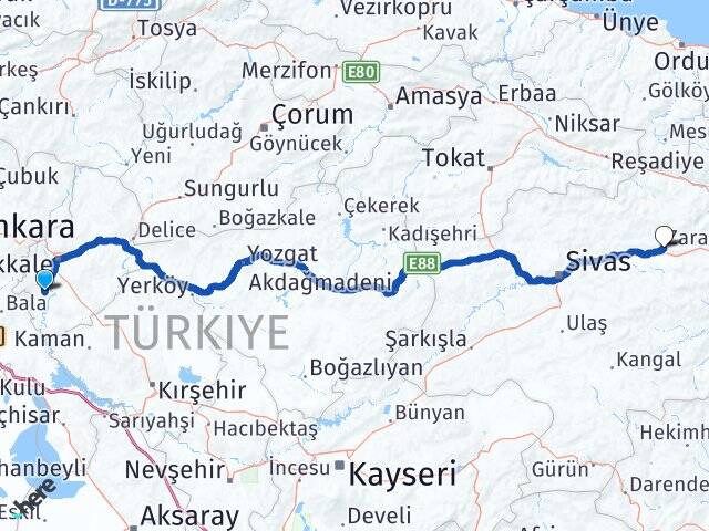 Kırıkkale Bahşili Zara Sivas Arası Kaç Km - Yol Haritası