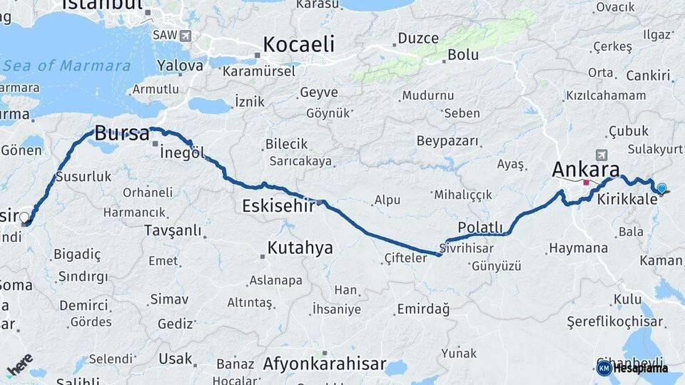 Kırıkkale Balıkesir Arası Kaç Km - Yol Haritası