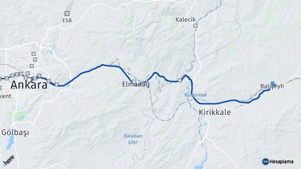 Kırıkkale Balışeyh Ankara Arası Kaç Km - Yol Haritası