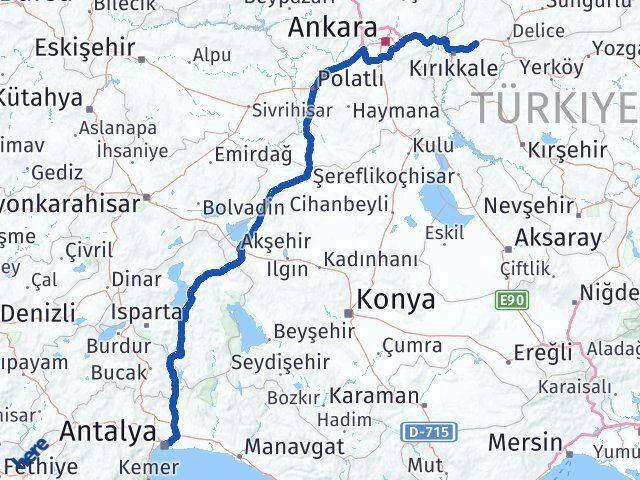 Kırıkkale Balışeyh Antalya Arası Kaç Km - Yol Haritası