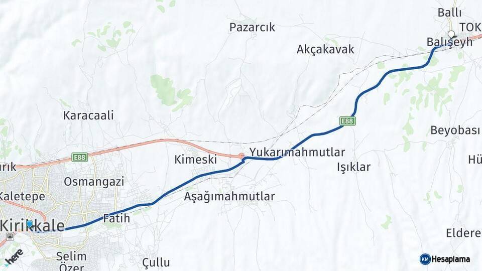 Kırıkkale Balışeyh Arası Kaç Km - Yol Haritası