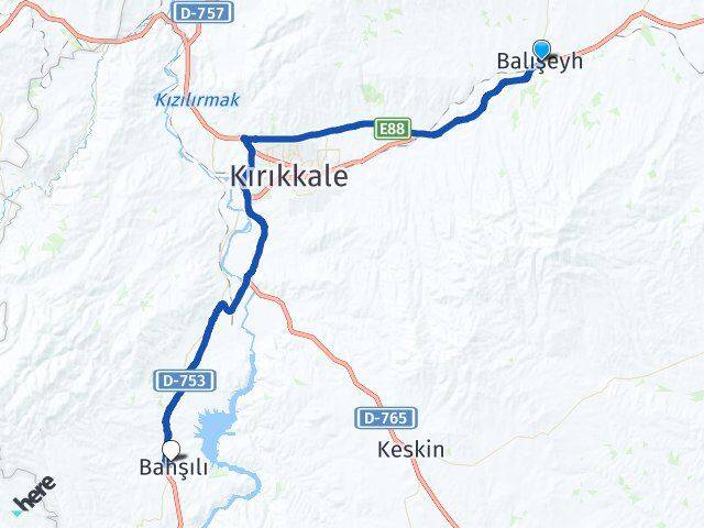 Kırıkkale Balışeyh Bahşili Arası Kaç Km - Yol Haritası