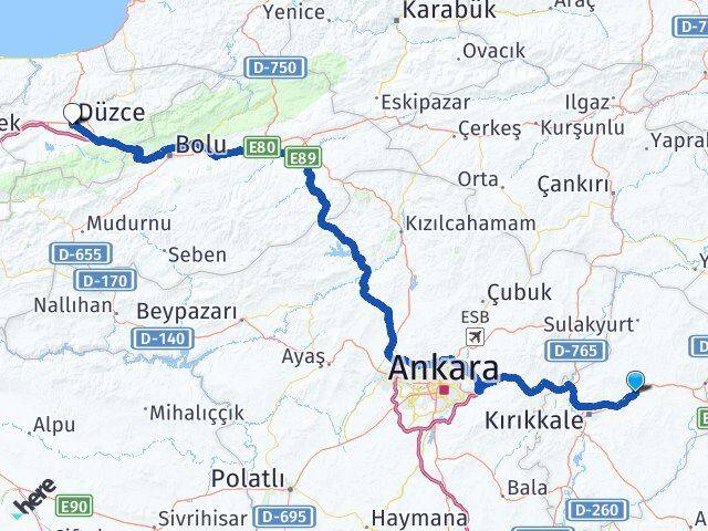 Kırıkkale Balışeyh Düzce Arası Kaç Km - Yol Haritası