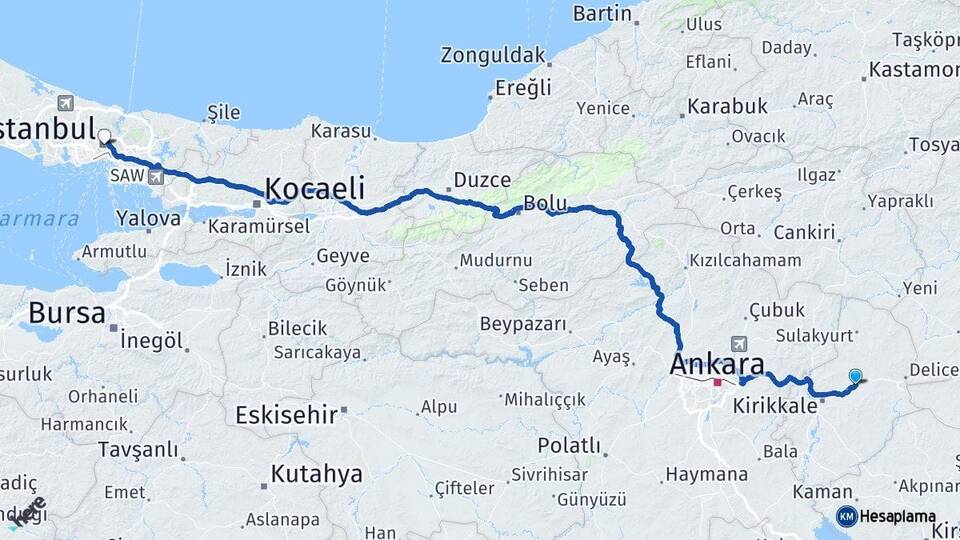 Kırıkkale Balışeyh İstanbul Arası Kaç Km - Yol Haritası