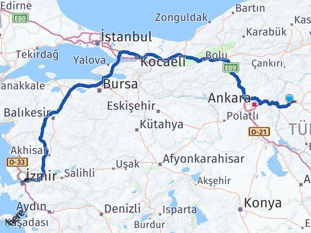 Kırıkkale Balışeyh İzmir Arası Kaç Km - Yol Haritası