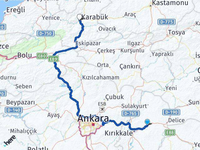 Kırıkkale Balışeyh Karabük Arası Kaç Km - Yol Haritası