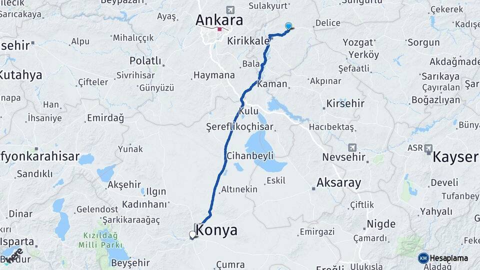 Kırıkkale Balışeyh Konya Arası Kaç Km - Yol Haritası