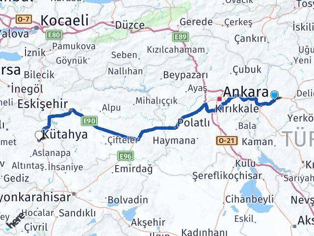 Kırıkkale Balışeyh Kütahya Arası Kaç Km - Yol Haritası