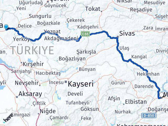 Kırıkkale Balışeyh Malatya Arası Kaç Km - Yol Haritası