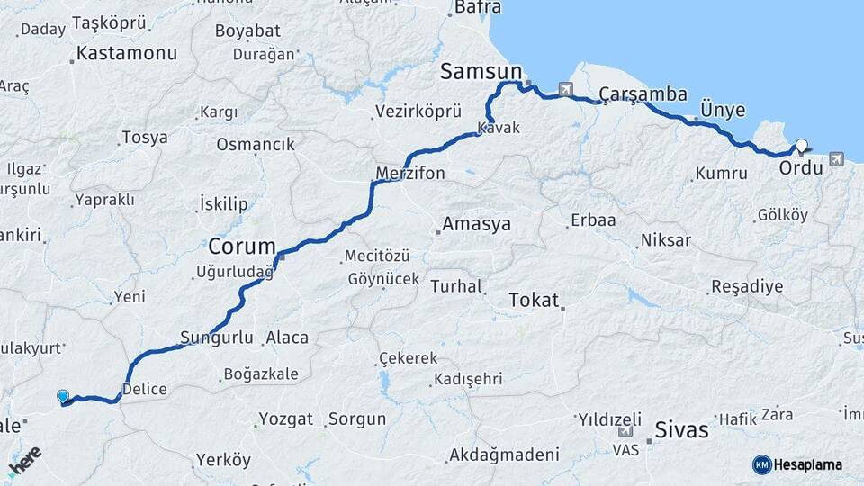 Kırıkkale Balışeyh Ordu Arası Kaç Km - Yol Haritası