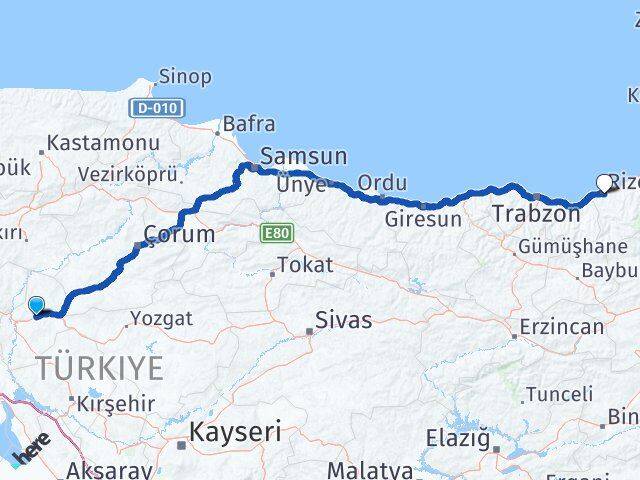 Kırıkkale Balışeyh Rize Arası Kaç Km - Yol Haritası