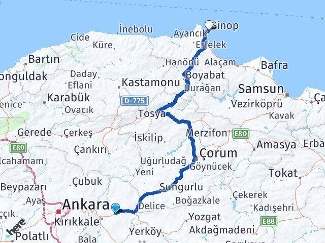 Kırıkkale Balışeyh Sinop Arası Kaç Km - Yol Haritası