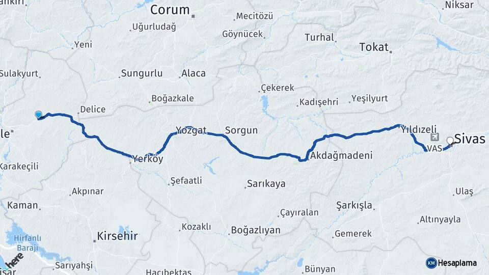 Kırıkkale Balışeyh Sivas Arası Kaç Km - Yol Haritası