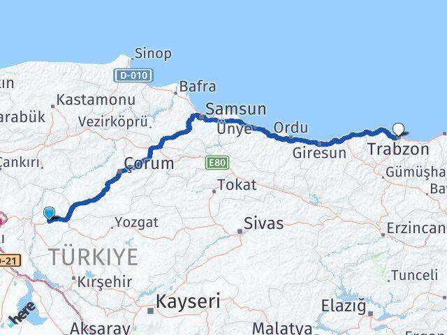 Kırıkkale Balışeyh Trabzon Arası Kaç Km - Yol Haritası