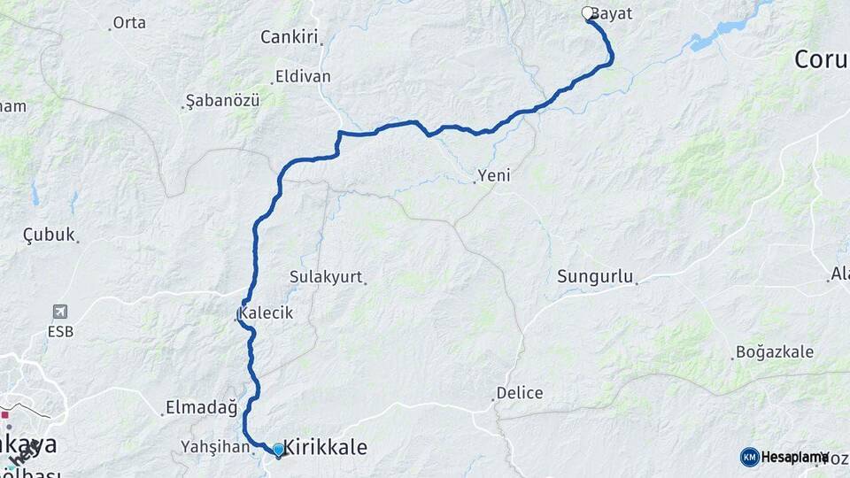 Kırıkkale Bayat Çorum Arası Kaç Km - Yol Haritası